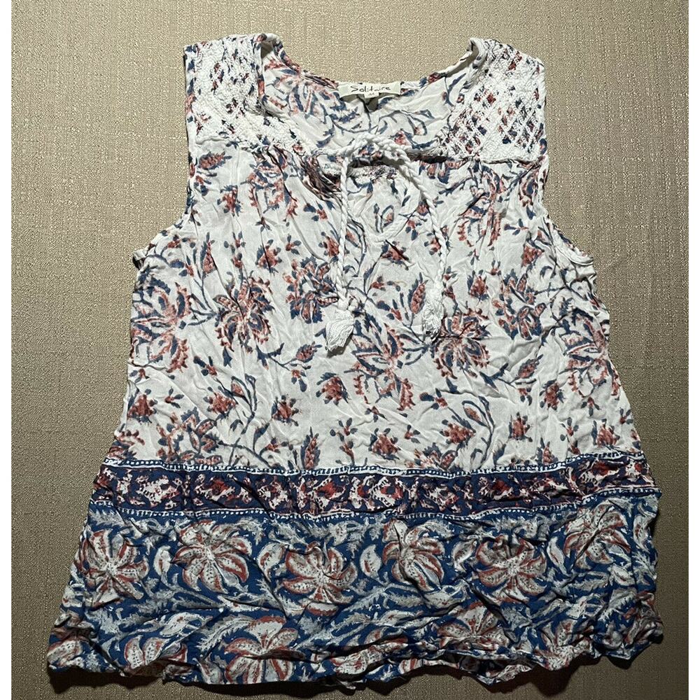 Solitaire Womens Medium M Light Multicolour Top Sleeveless White Rope Tie Floral